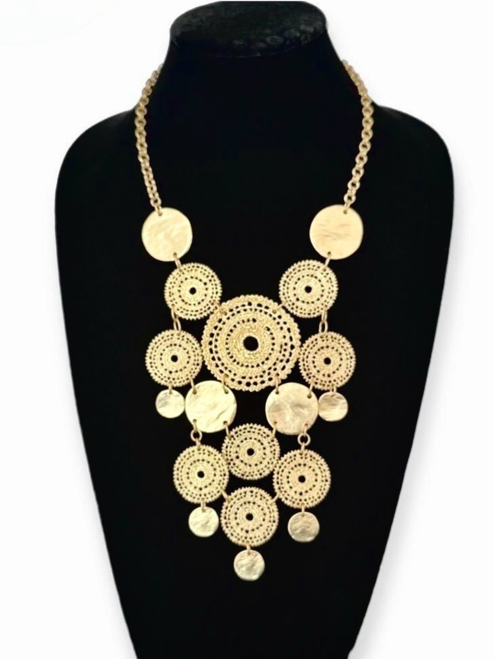 CHICO’s Brilliant Gold Medallion Disc Statement Bib Necklace | LIGHTWEIGHT | NWT